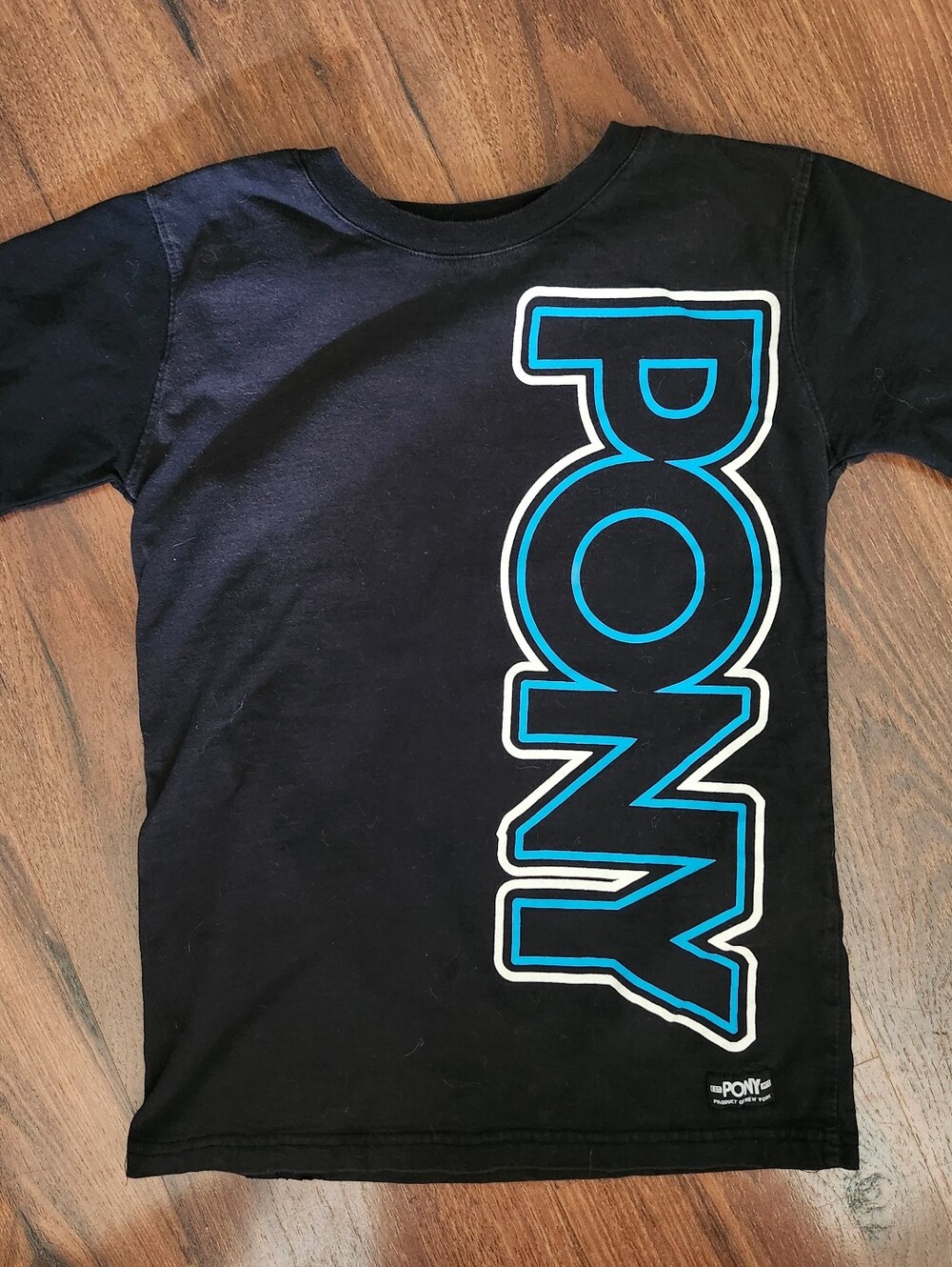 Pony Black Tee with Blue & White Vertical Logo Boys Size M 10/12